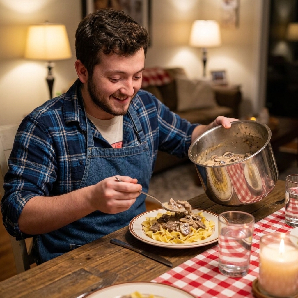 A real photograph of beef stroganoff being spooned from an Instant Pot insert onto a plate of egg noodles, with visible mushrooms and creamy sauce, cozy dinner table setting