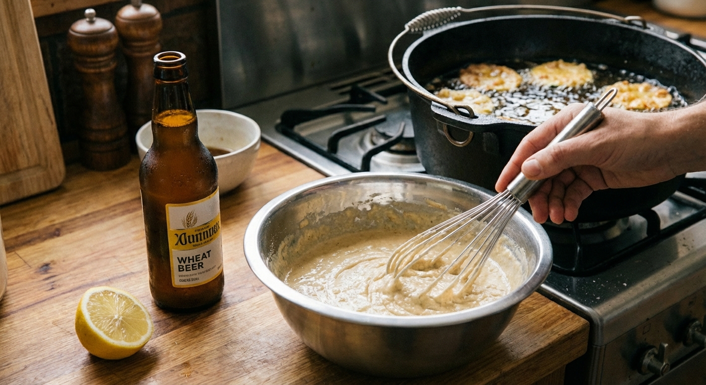 A real photograph of beer batter being whisked in a stainless steel bowl next to a chilled bottle of wheat beer and a cut lemon