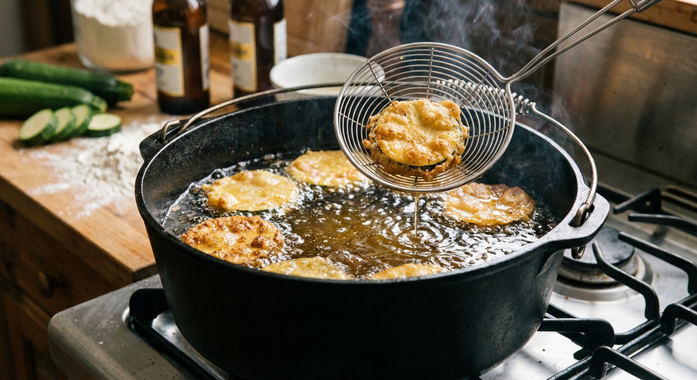A real photograph of beer-battered zucchini rounds frying in a pot of hot oil with a spider strainer lifting one piece