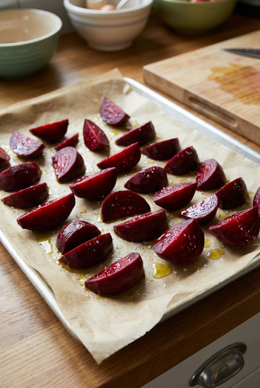 A real photograph of beet wedges tossed with olive oil and salt spread on a parchment lined sheet pan, ready to roast