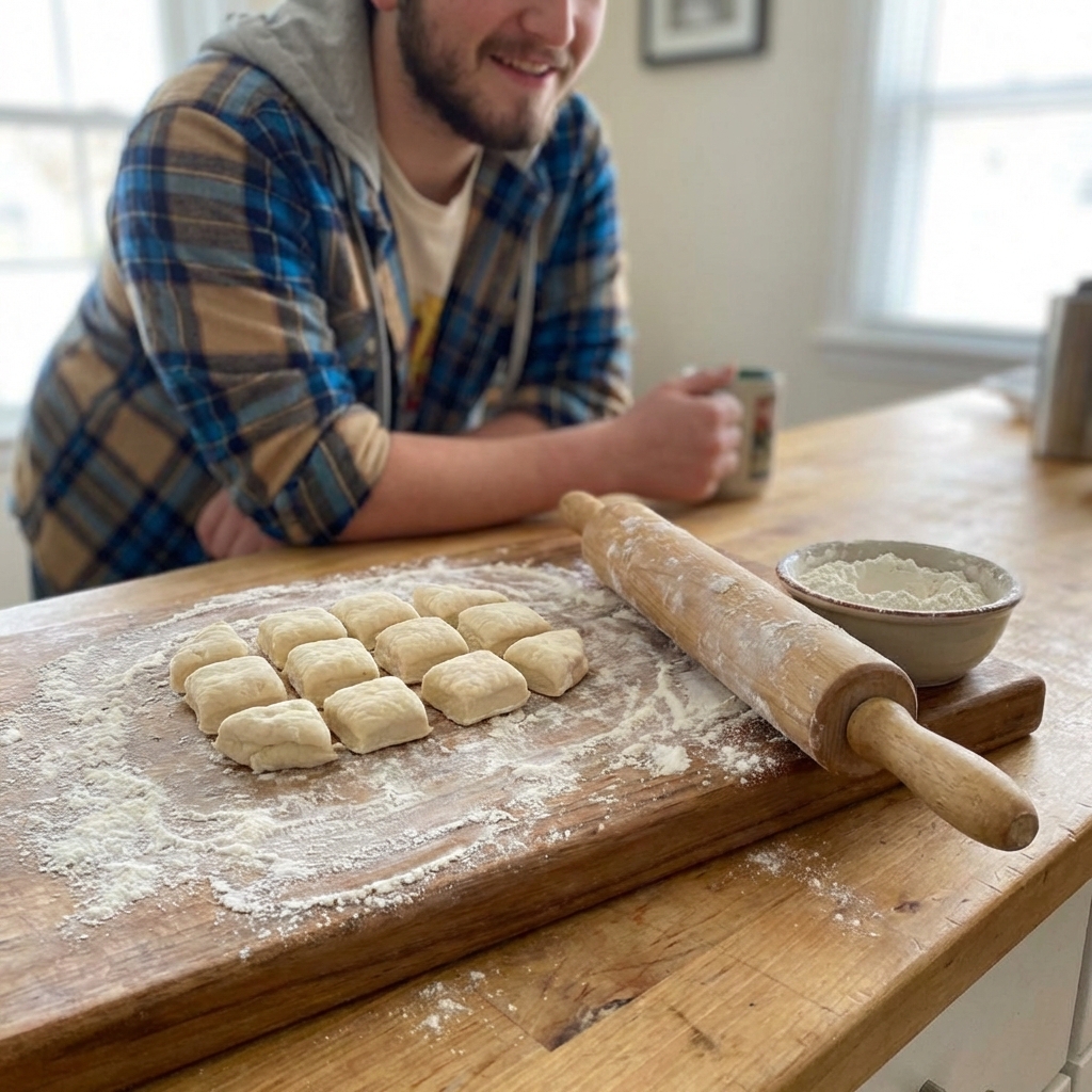 A real photograph of beignet dough cut into small squares on a floured cutting board with a rolling pin and a small bowl of flour nearby