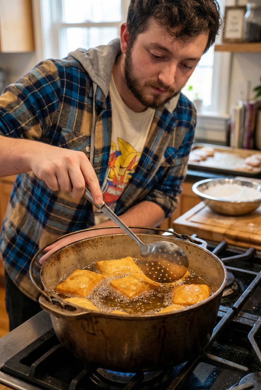 A real photograph of beignets frying in hot oil in a Dutch oven with a slotted spoon nearby
