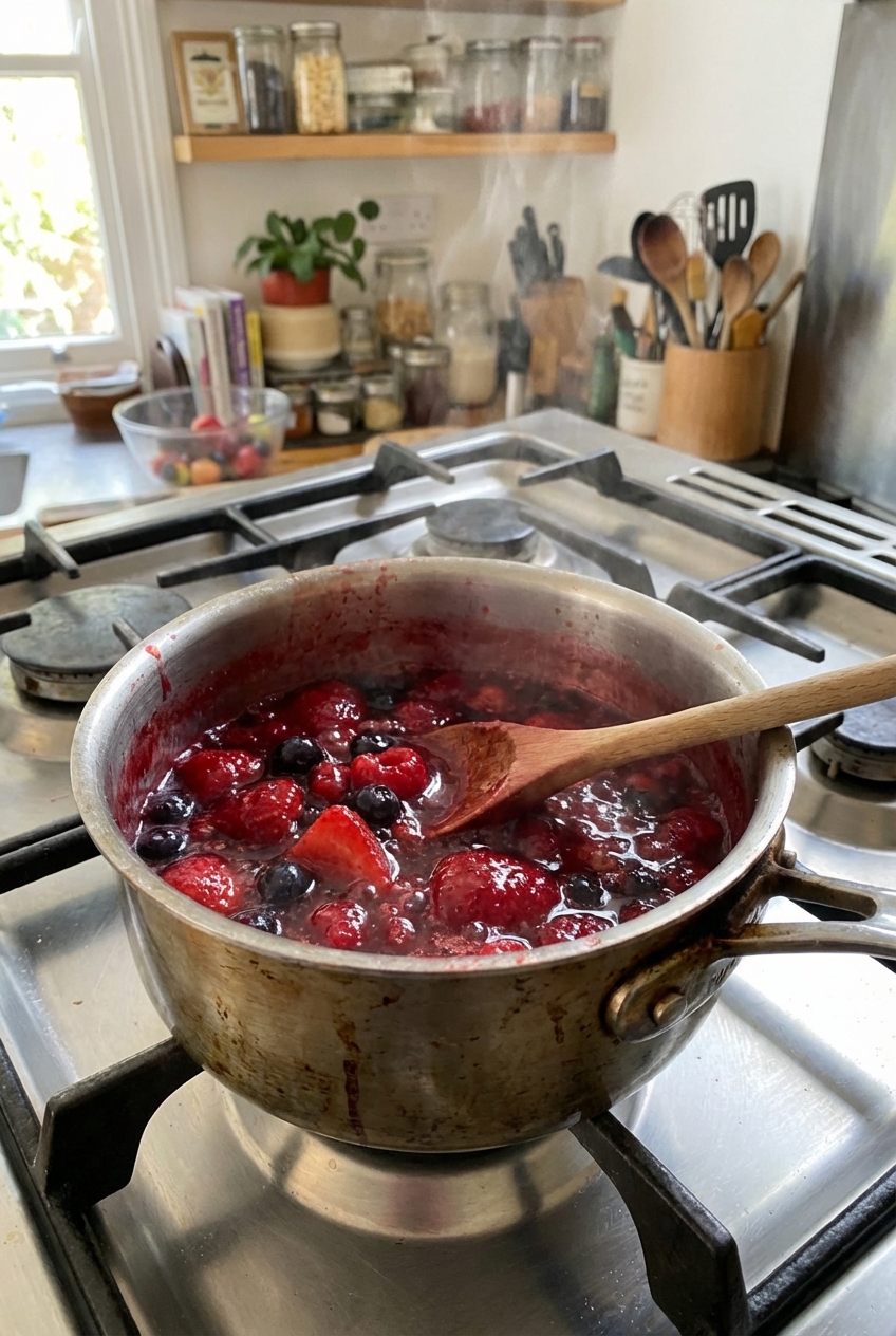 A real photograph of berries simmering into a glossy sauce in a small saucepan on a stovetop