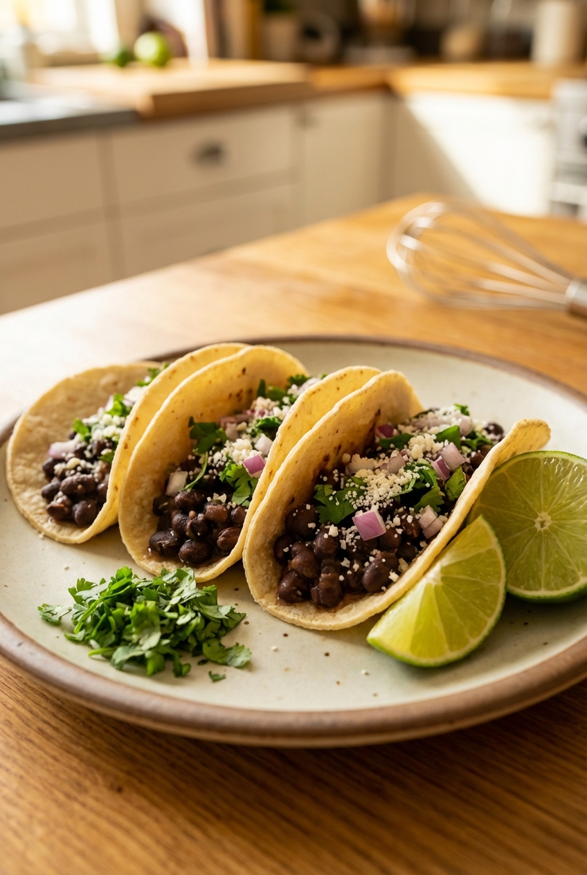 A real photograph of black bean tacos on a plate with lime wedges and chopped cilantro