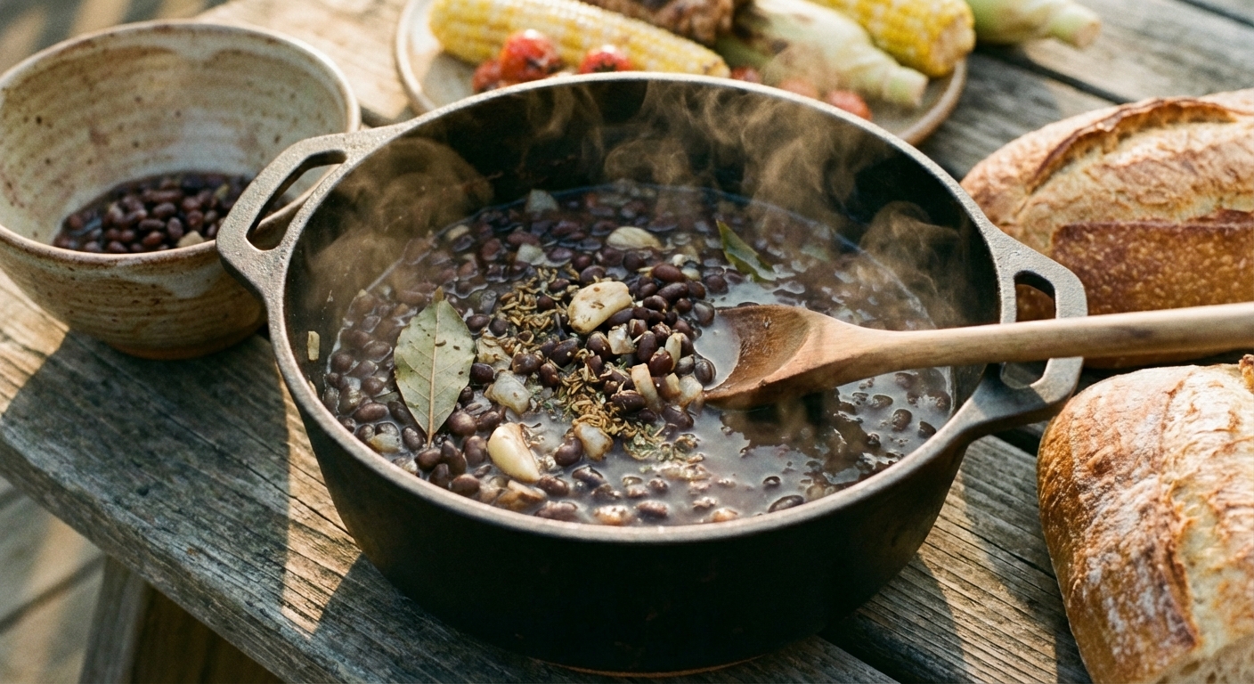 A real photograph of black beans simmering in a pot with onions and spices