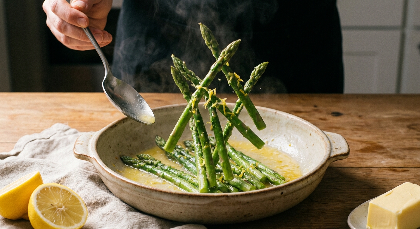 A real photograph of boiled asparagus being tossed with melted butter and lemon in a shallow serving dish