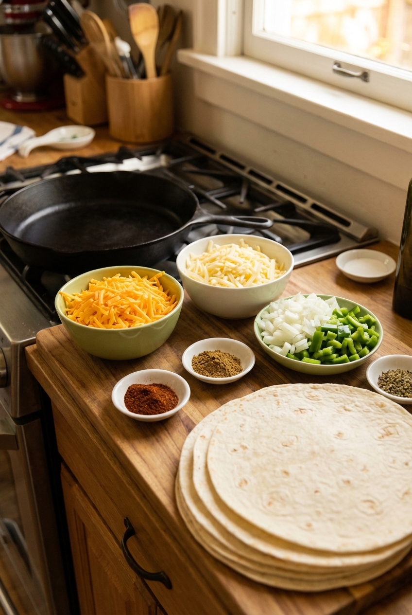 A real photograph of bowls of shredded cheese, chopped onion and pepper, spices, and tortillas arranged on a kitchen counter for quesadillas