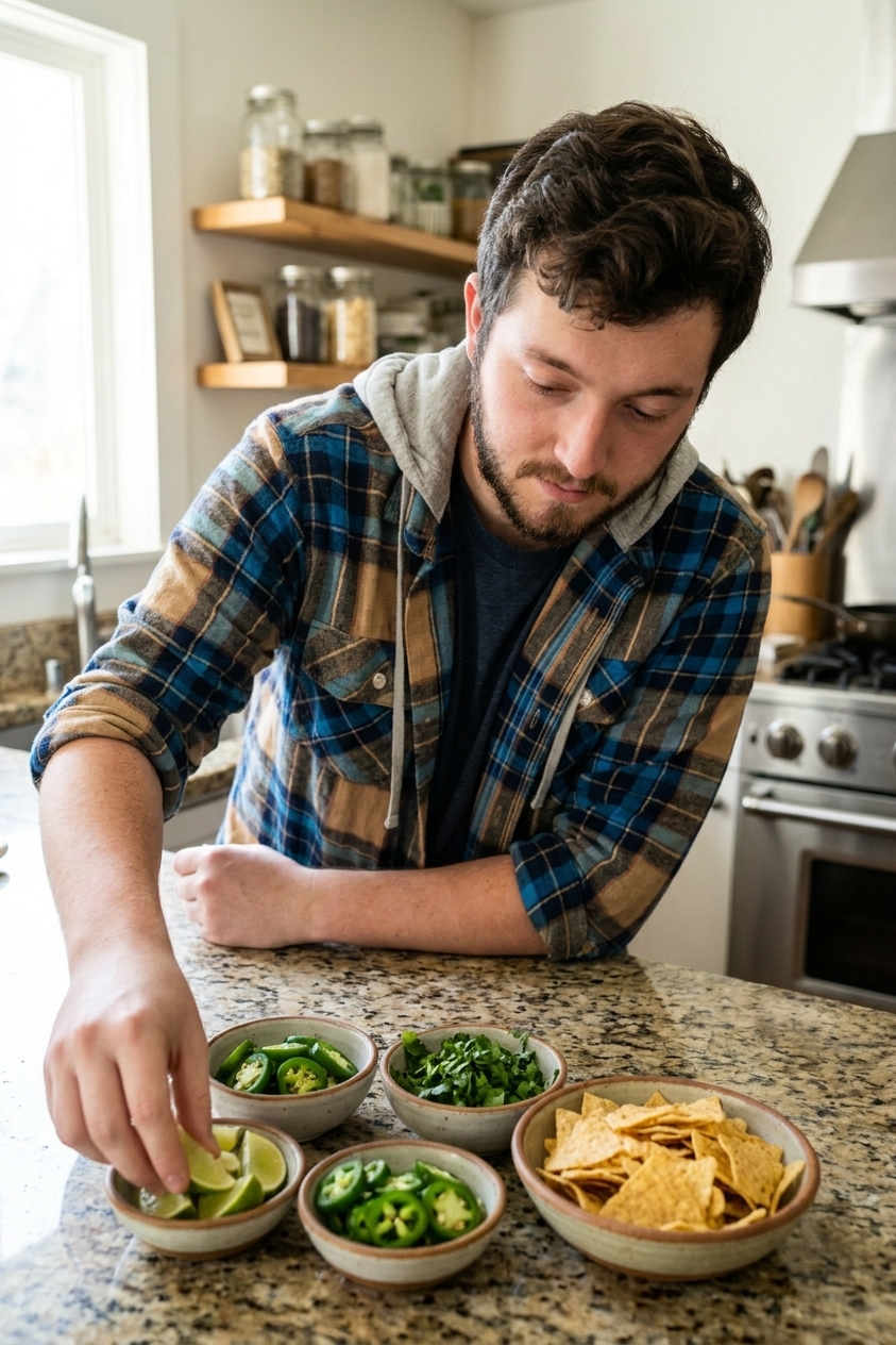 A real photograph of bowls of toppings for white chicken chili including sliced jalapenos, chopped cilantro, lime wedges, and crushed tortilla chips on a countertop