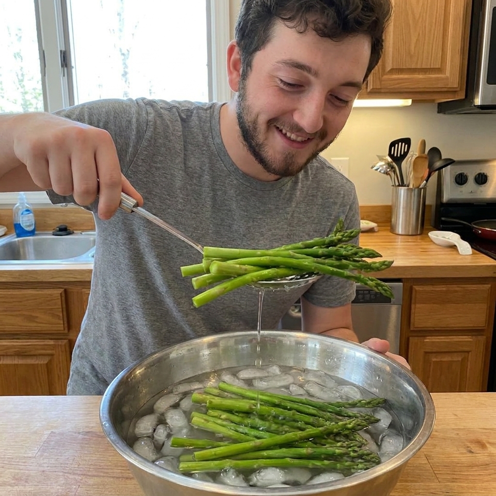 A real photograph of bright green asparagus spears being lifted from an ice bath with a slotted spoon in a home kitchen