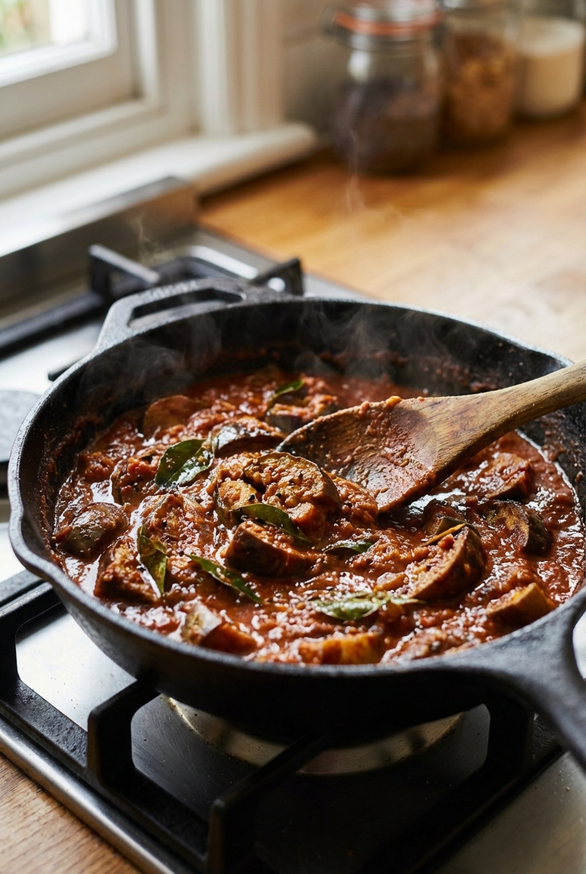 A real photograph of brinjal curry simmering in a black skillet with a wooden spoon stirring the thick masala sauce