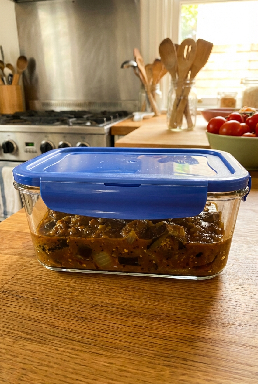 A real photograph of brinjal curry stored in a clear glass container with a snapped-on lid on a kitchen counter