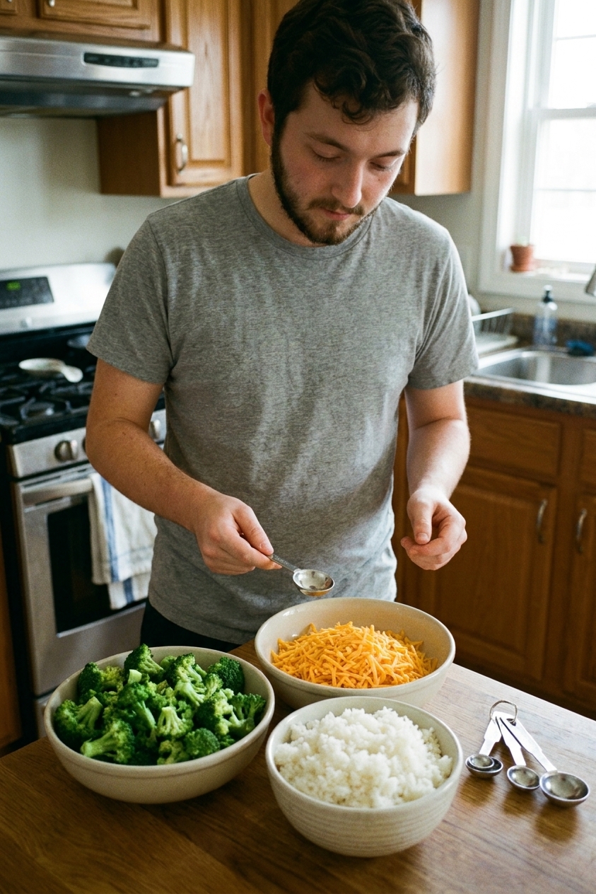 A real photograph of broccoli florets, shredded cheddar cheese, and cooked white rice in bowls on a kitchen counter with measuring spoons