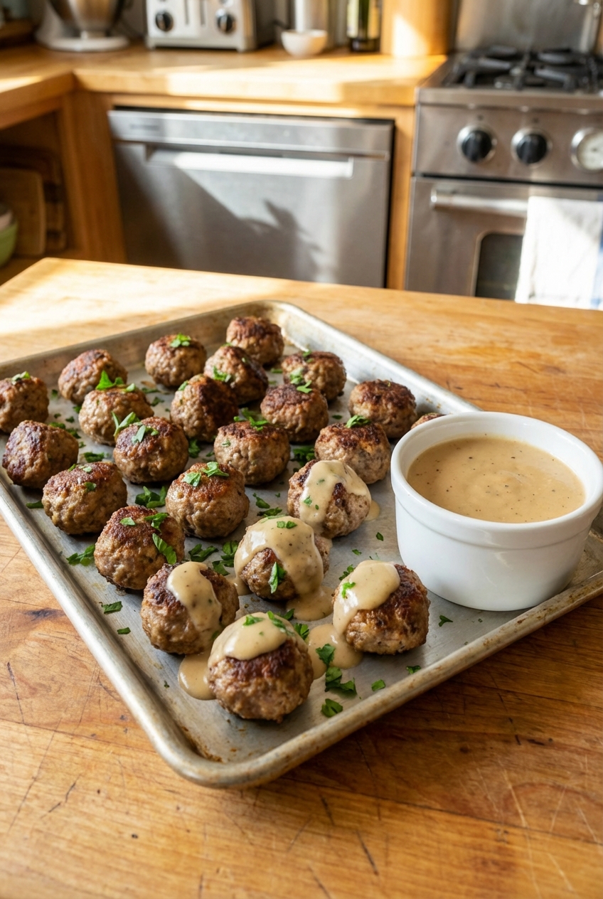 A real photograph of browned Swedish meatballs on a sheet pan with a bowl of creamy gravy beside them
