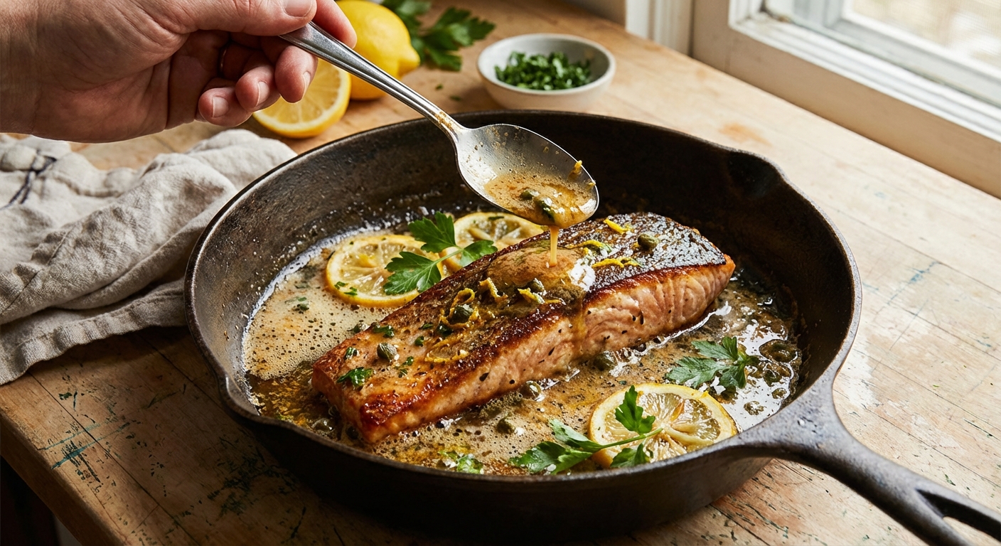 A real photograph of browned butter citrus sauce being spooned over seared steelhead trout in a skillet