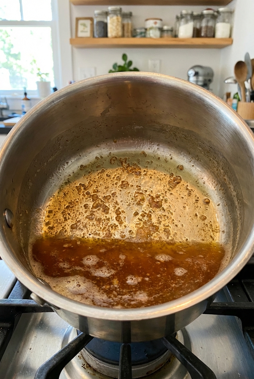 A real photograph of browned butter in a small saucepan with golden brown specks, sitting on a stovetop