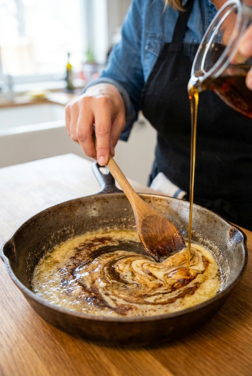 A real photograph of browned butter in a small skillet with a splash of maple syrup being stirred in