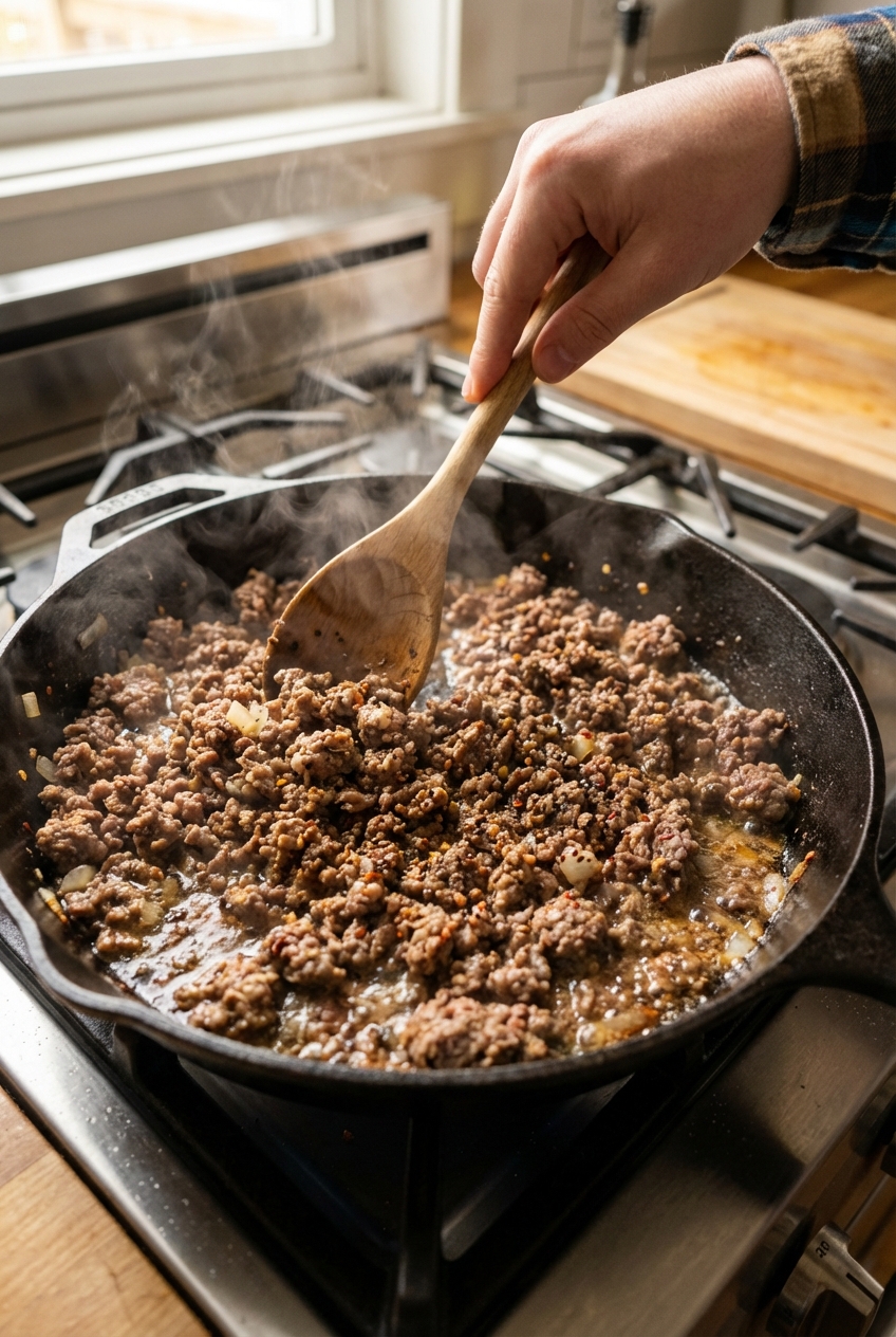A real photograph of browned ground beef sizzling in a skillet with visible spices and a wooden spoon stirring