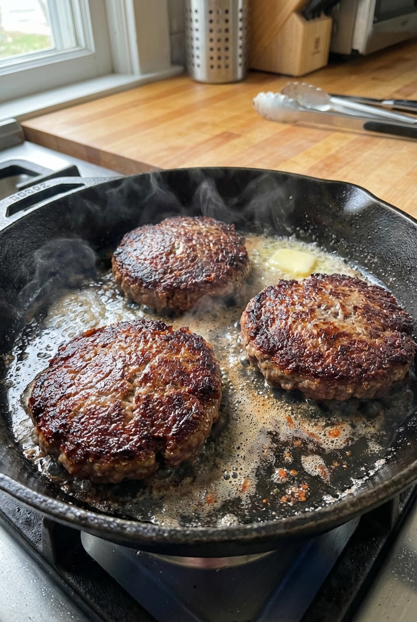 A real photograph of burger patties searing in a cast iron skillet with browned edges and sizzling butter