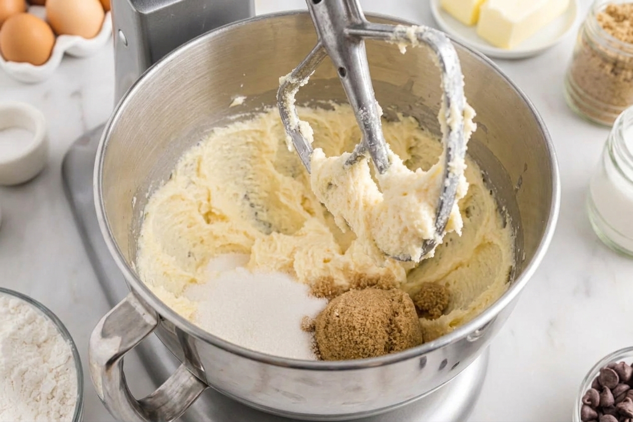 A real photograph of butter and sugars being creamed in a stand mixer bowl, pale and fluffy with a paddle attachment