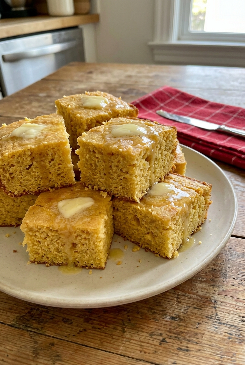 A real photograph of buttered cornbread squares stacked on a plate