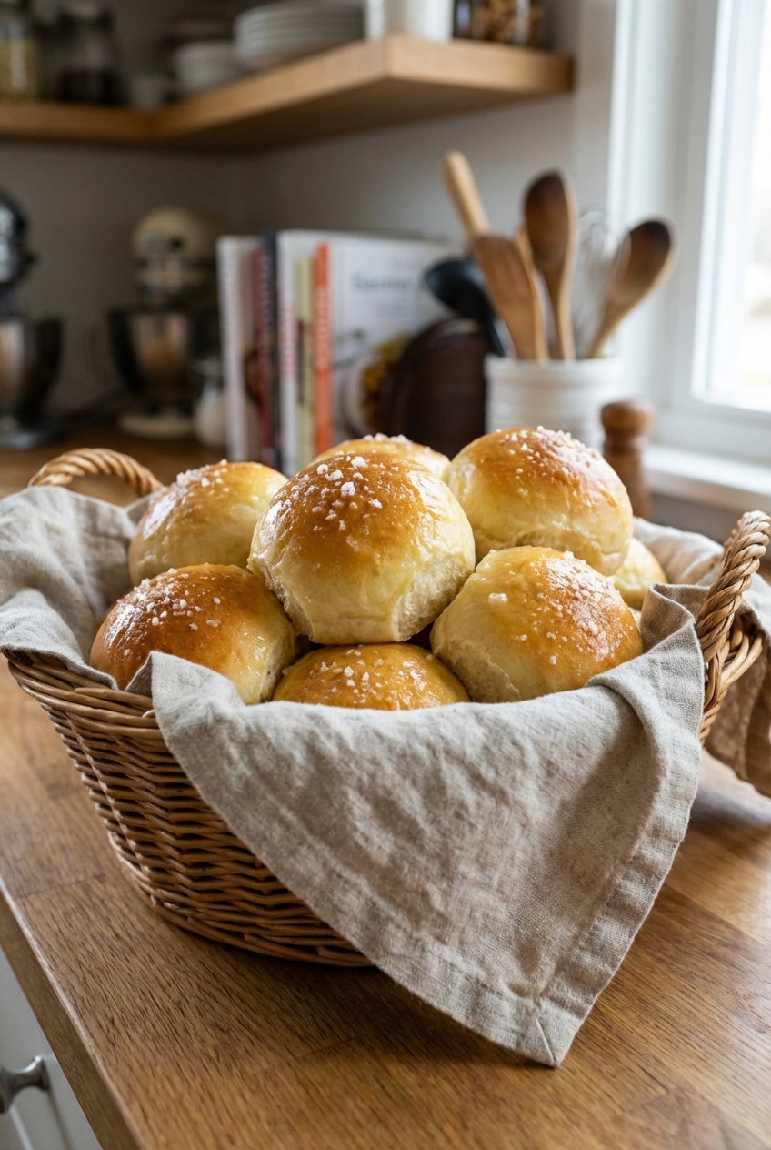 A real photograph of buttered dinner rolls in a basket with a linen napkin