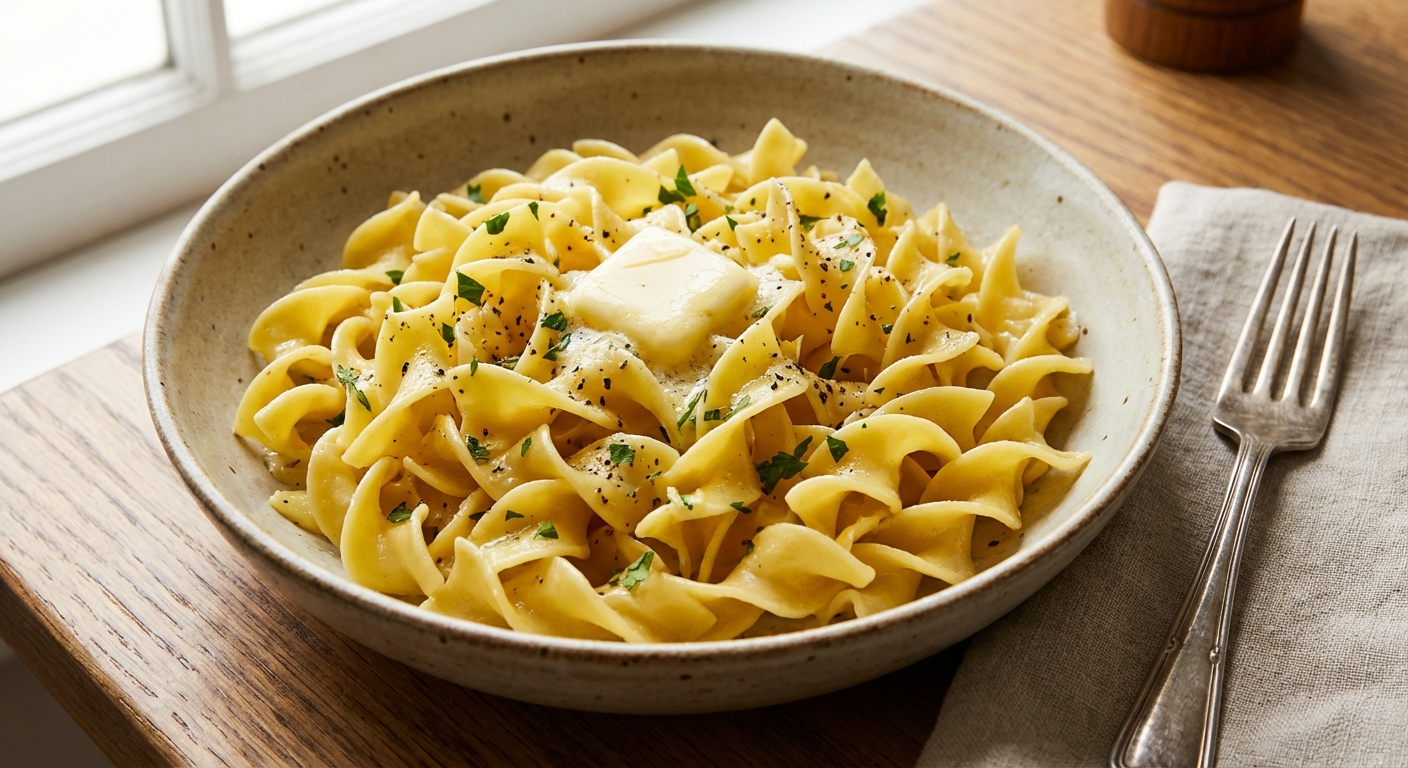 A real photograph of buttered egg noodles in a shallow bowl