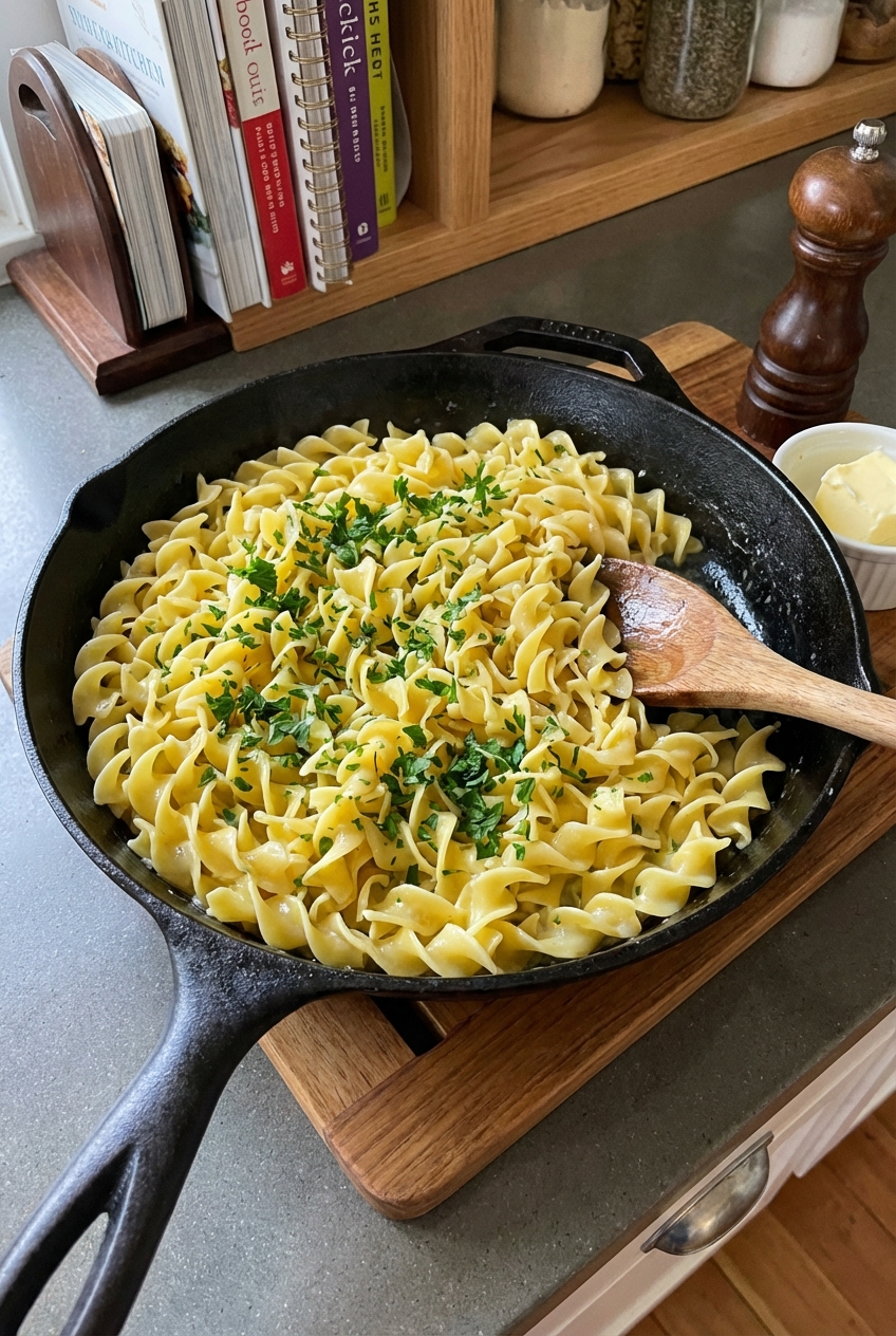 A real photograph of buttered egg noodles in a skillet with chopped parsley