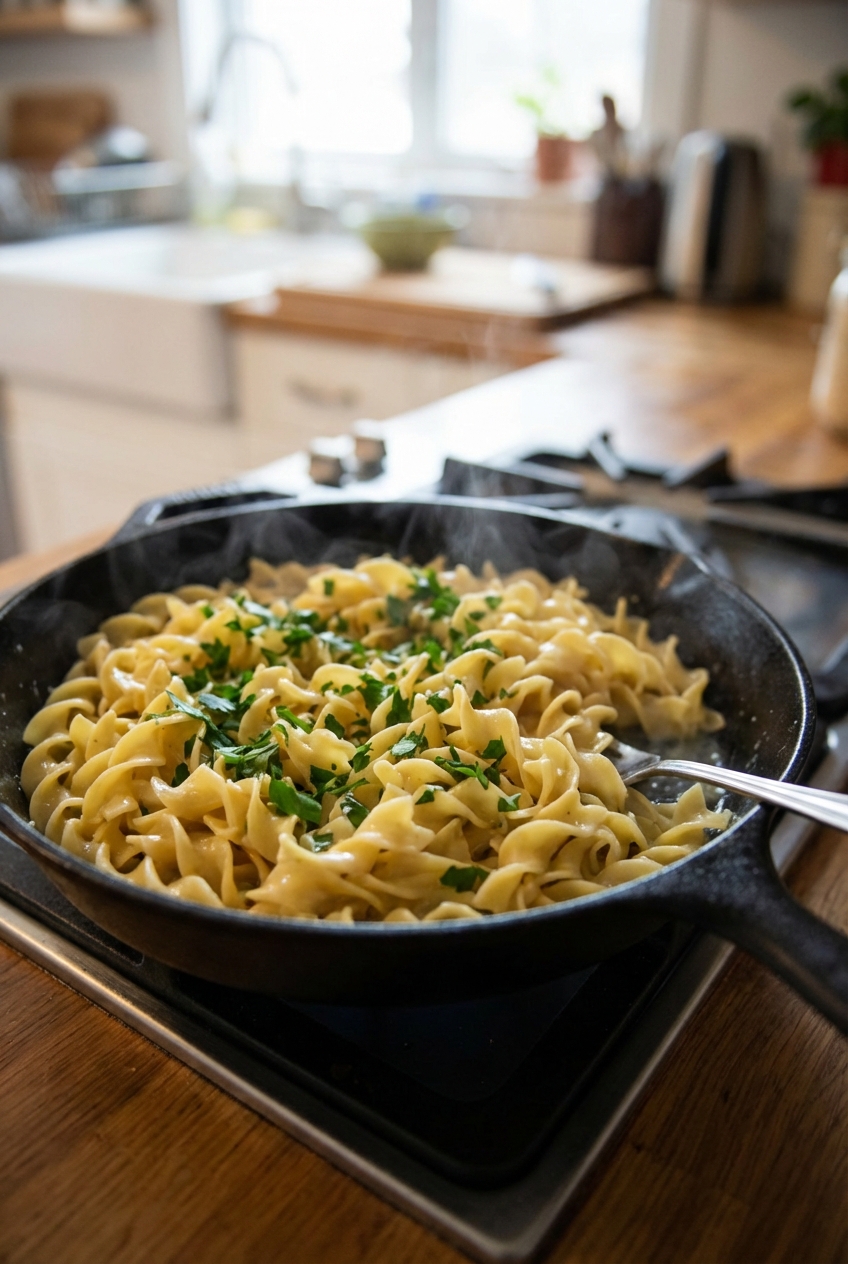 A real photograph of buttered egg noodles in a skillet with chopped parsley