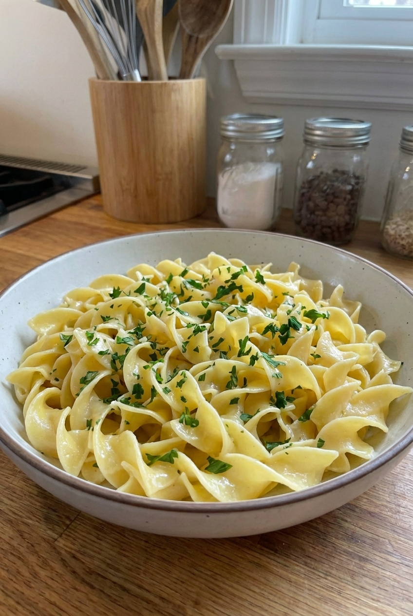 A real photograph of buttered egg noodles in a wide bowl with chopped parsley