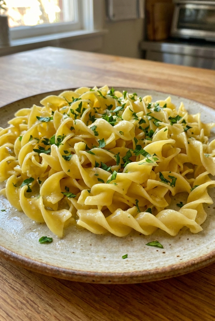 A real photograph of buttery egg noodles on a plate with chopped parsley