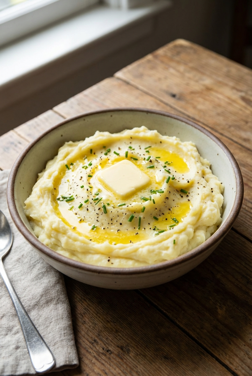 A real photograph of buttery mashed potatoes in a bowl with a pat of melting butter