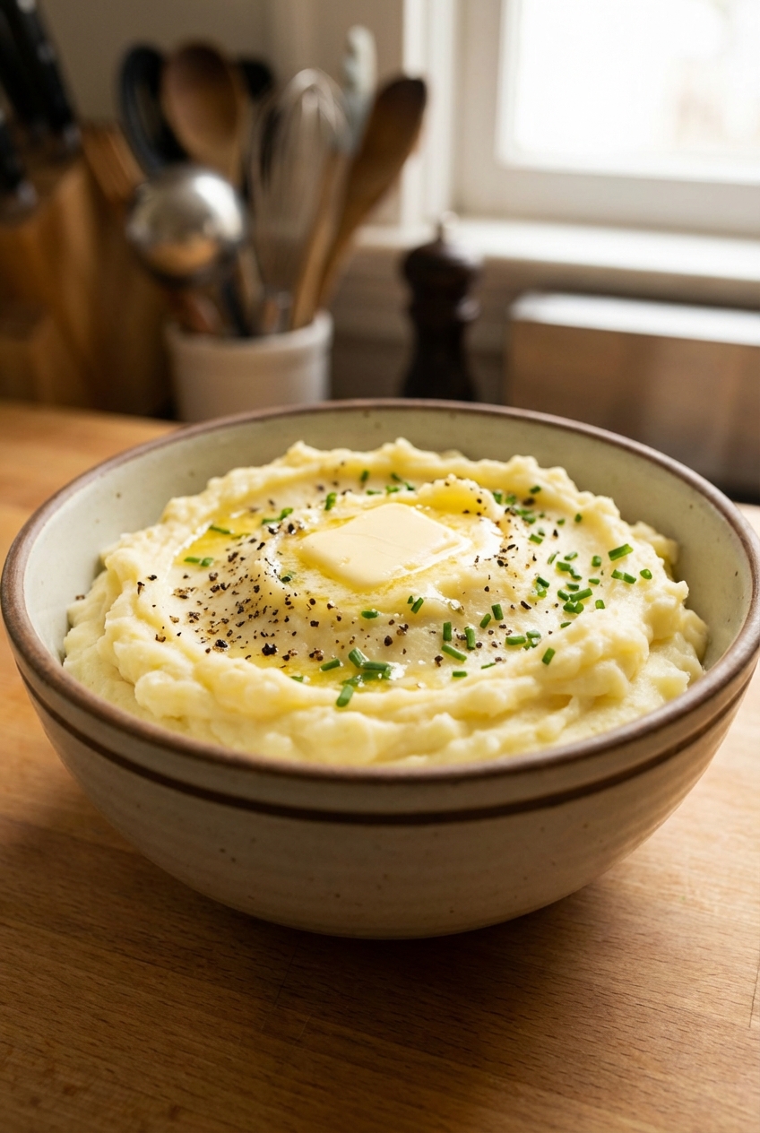 A real photograph of buttery mashed potatoes in a bowl with black pepper on top