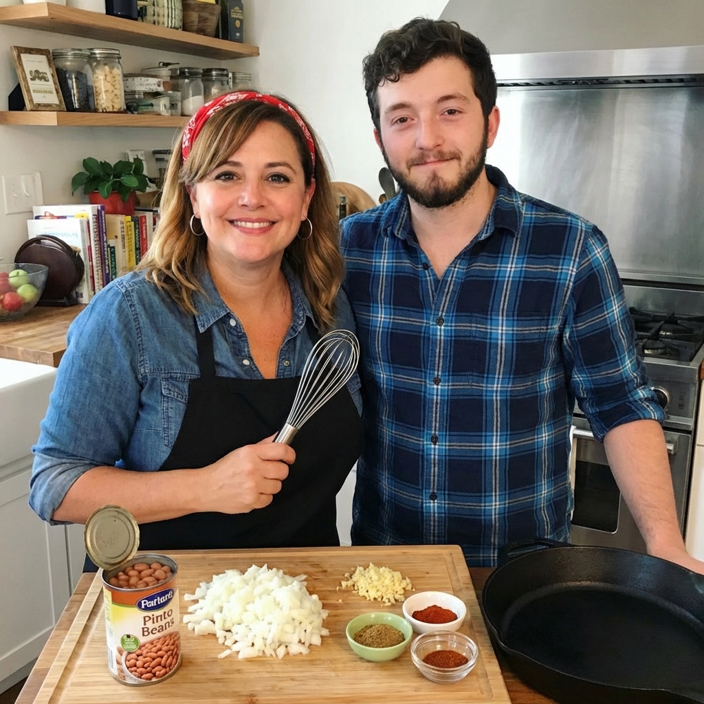 A real photograph of canned pinto beans, chopped onion, minced garlic, and spices arranged on a cutting board next to a skillet