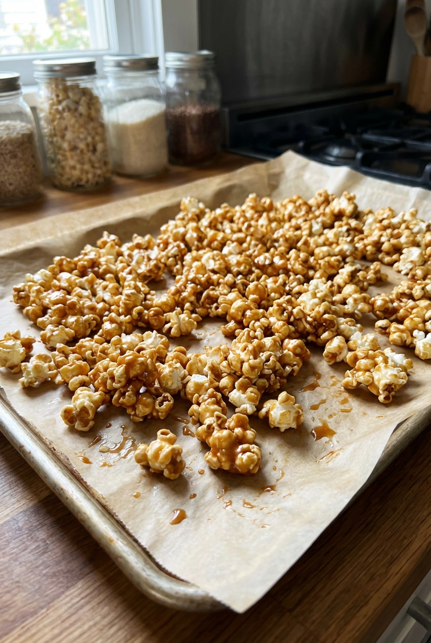 A real photograph of caramel corn spread out on a parchment lined baking sheet cooling
