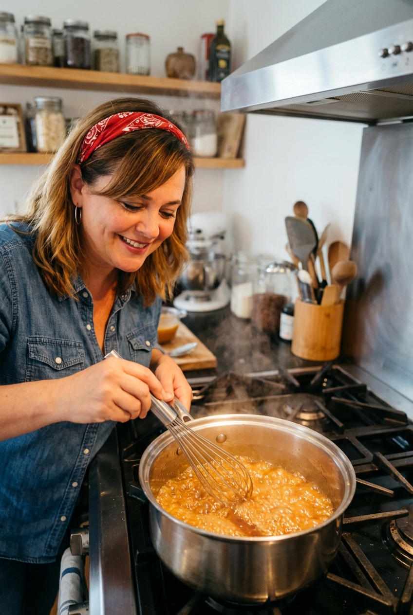 A real photograph of caramel sauce bubbling in a saucepan on a stovetop