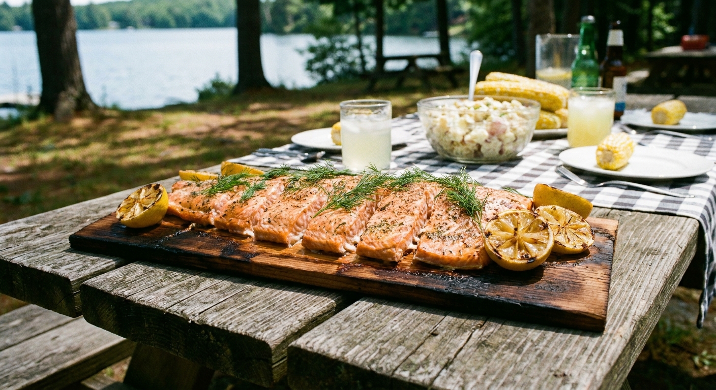 A real photograph of cedar plank salmon sliced into portions on the plank, garnished with fresh dill and lemon wedges on a summer picnic table