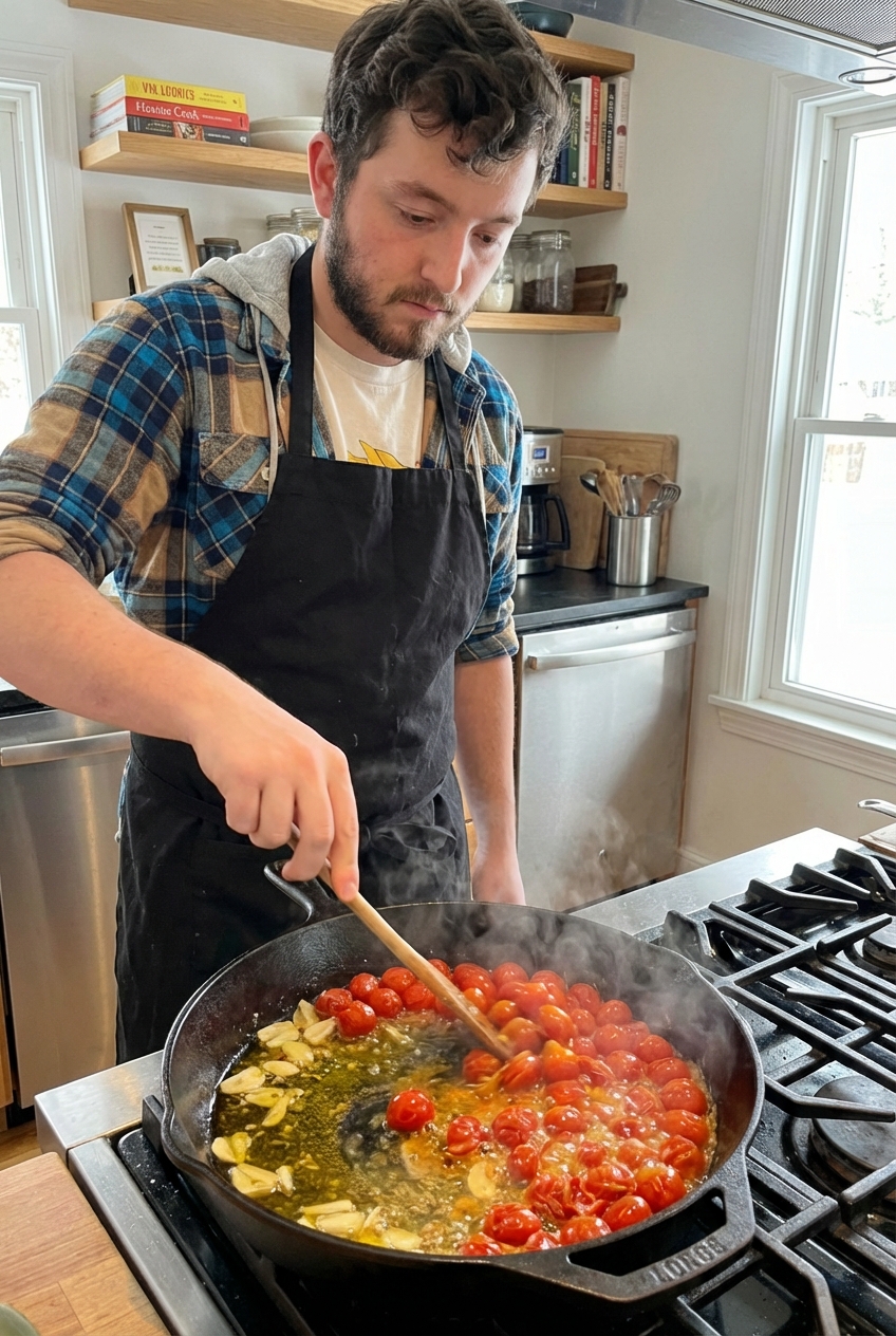 A real photograph of cherry tomatoes blistering in a wide skillet with olive oil and sliced garlic on a stovetop