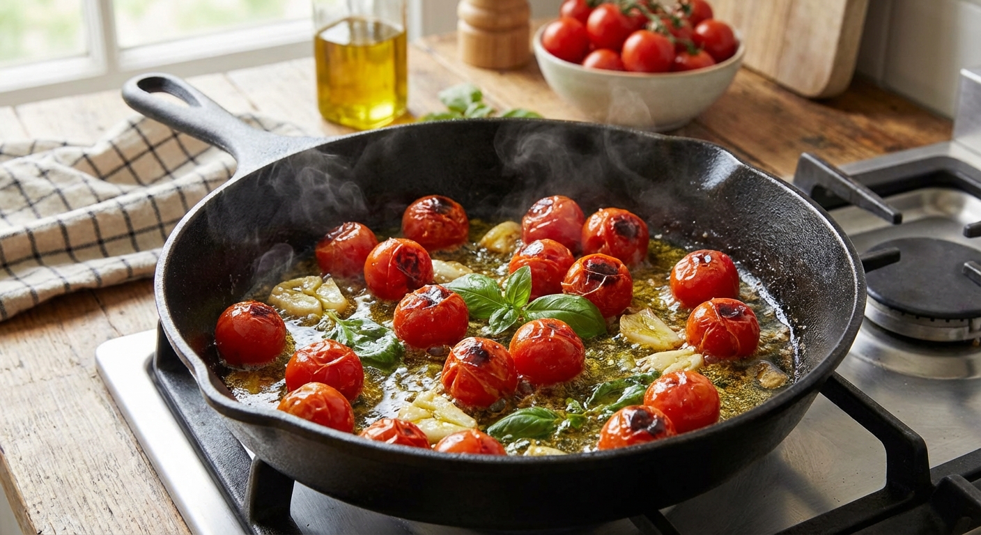 A real photograph of cherry tomatoes blistering in a skillet with garlic and olive oil