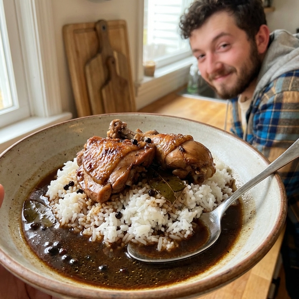 A real photograph of chicken adobo served over steamed white rice in a bowl with a spoonful of sauce pooling around the rice