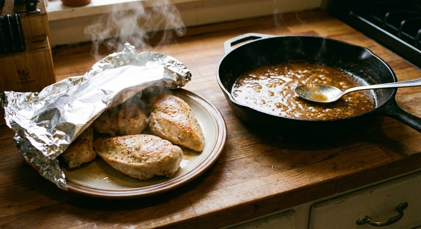 A real photograph of chicken breasts resting on a plate tented with foil next to a skillet with pan sauce