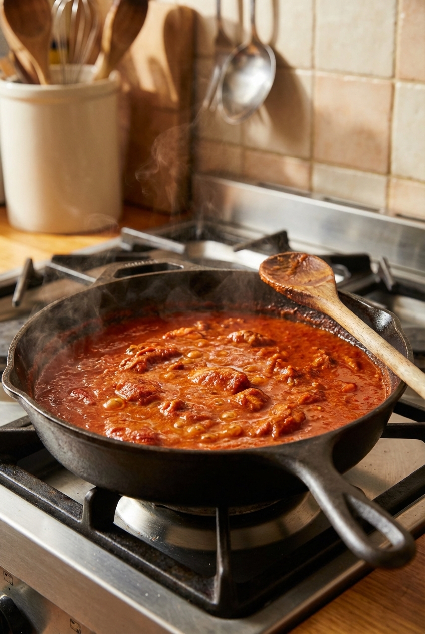 A real photograph of chicken tikka masala sauce simmering in a deep skillet with a wooden spoon resting on the edge