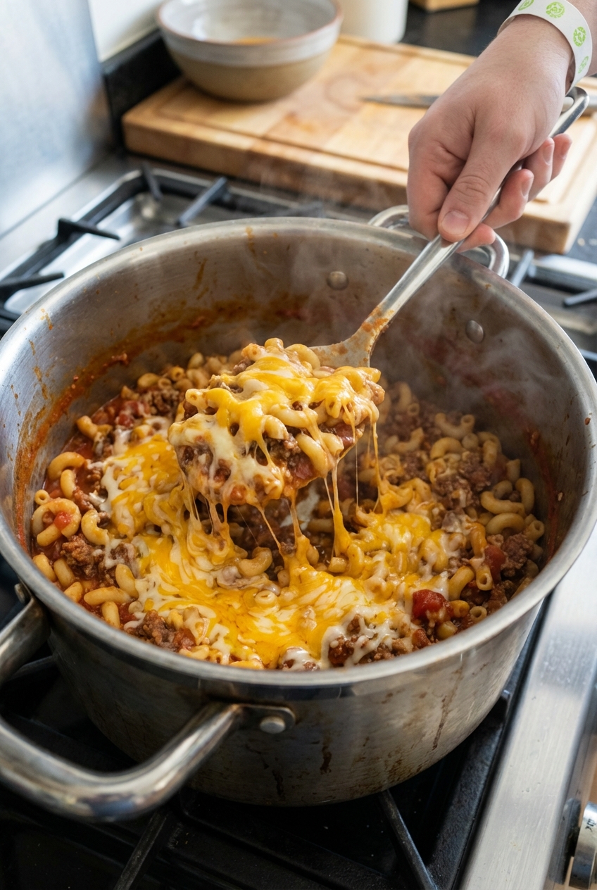 A real photograph of chili mac in a pot with shredded cheese melting on top just after stirring