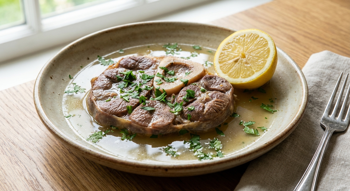 A real photograph of chilled osso buco on a shallow plate with slices of tender shank, lemon herb broth, and scattered parsley, with a lemon half on the side