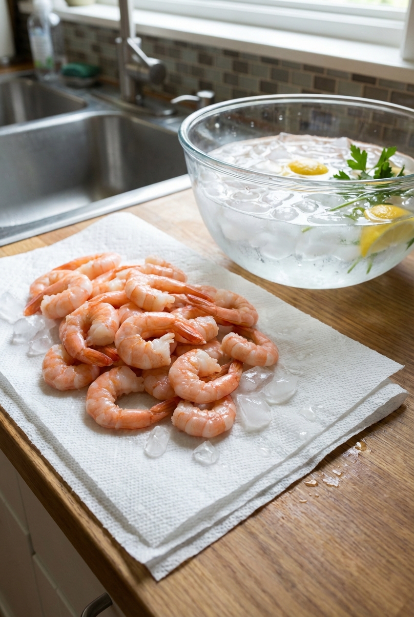 A real photograph of chilled poached shrimp draining on paper towels next to a bowl of ice