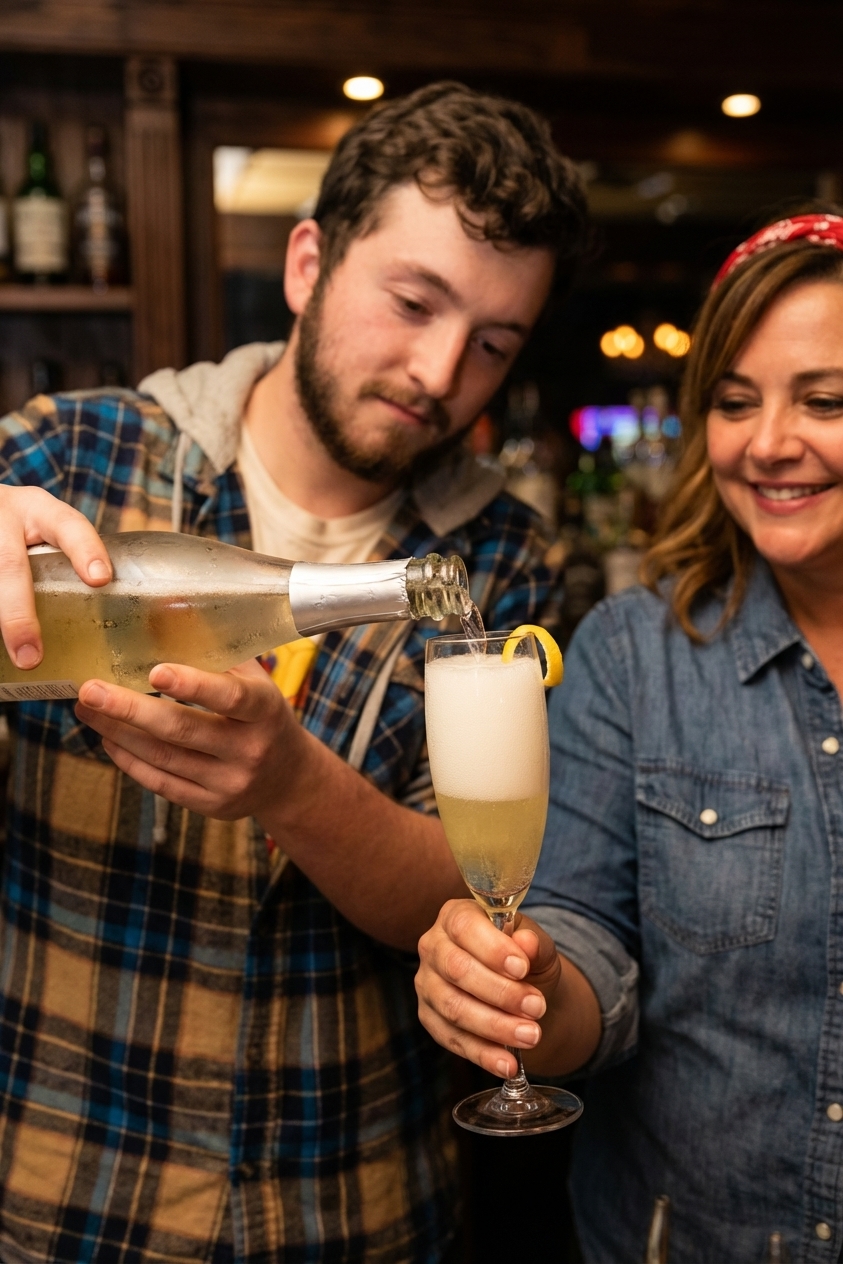 A real photograph of chilled sparkling wine being poured into a champagne flute containing the shaken gin and lemon base for a French 75, with foam gently rising