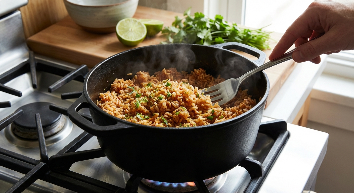A real photograph of chipotle rice being fluffed with a fork in a pot on a stovetop