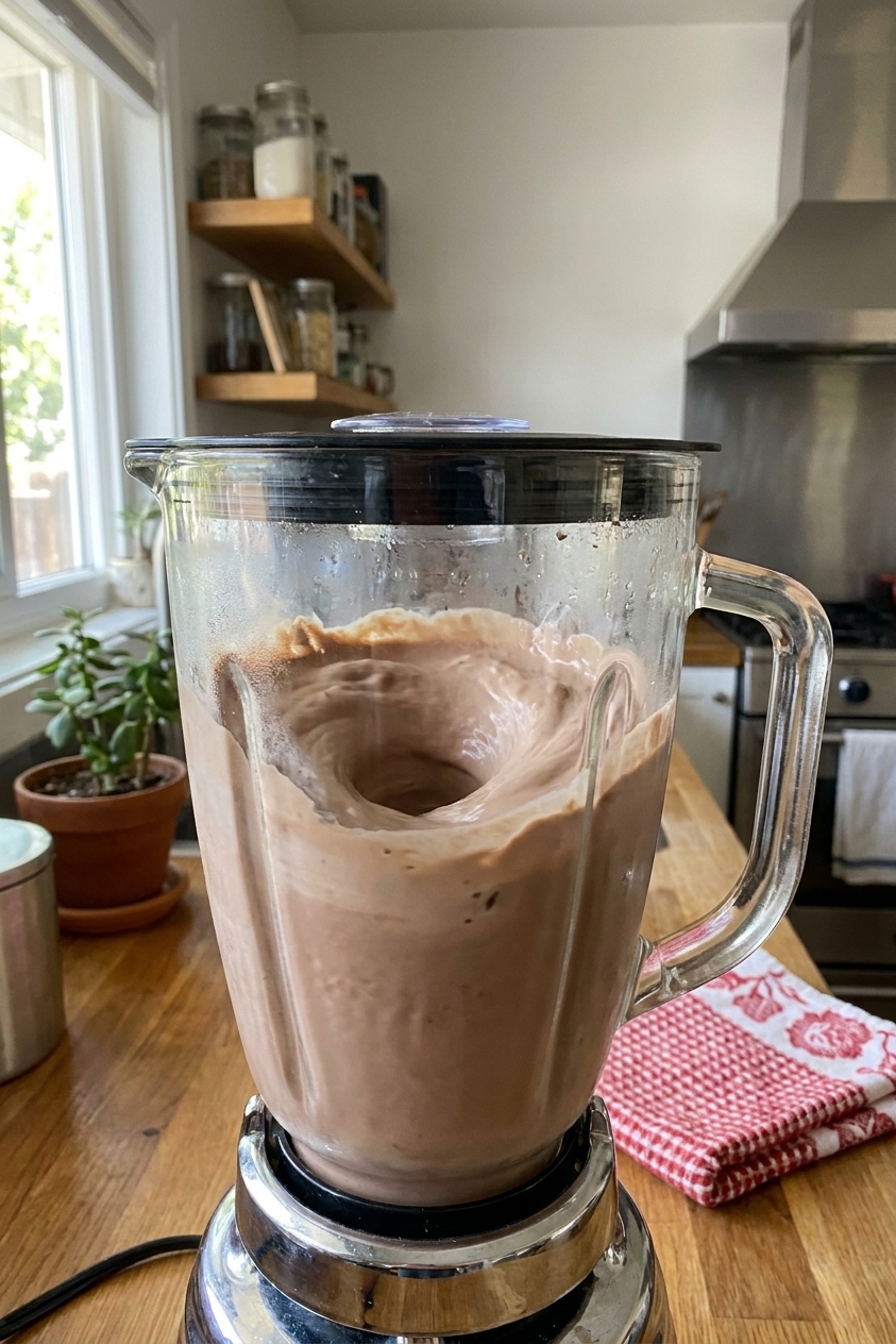 A real photograph of chocolate Frosty mixture being blended in a countertop blender, creamy and light brown, in a home kitchen