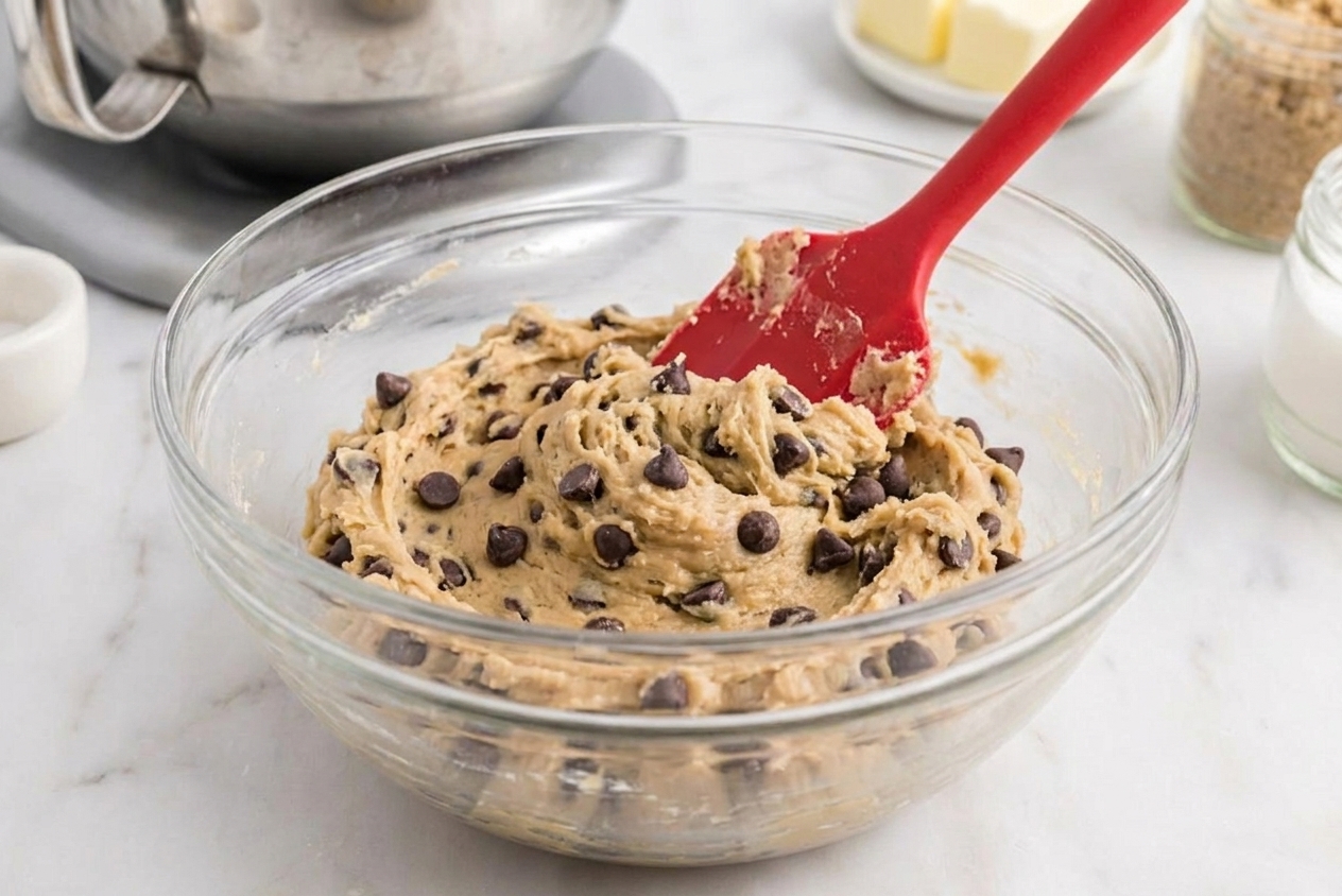A real photograph of chocolate chip cookie dough in a glass mixing bowl with a rubber spatula, showing visible chocolate chips throughout