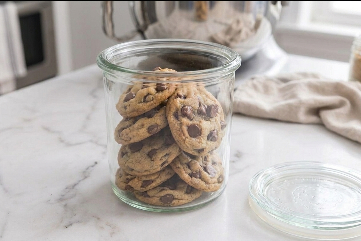 A real photograph of chocolate chip cookies stacked in a clear airtight container on a kitchen counter with a lid beside it