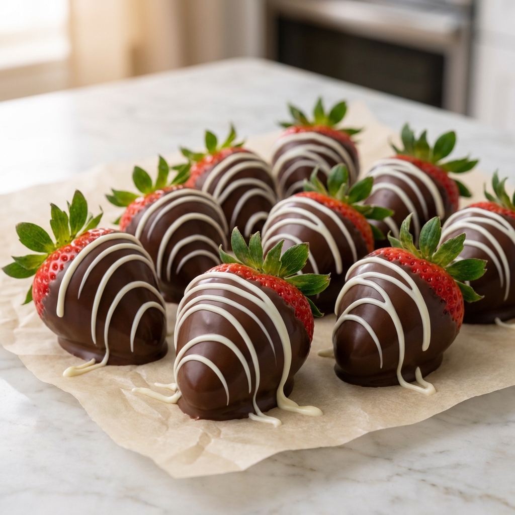A real photograph of chocolate covered strawberries setting on parchment paper with a white chocolate drizzle